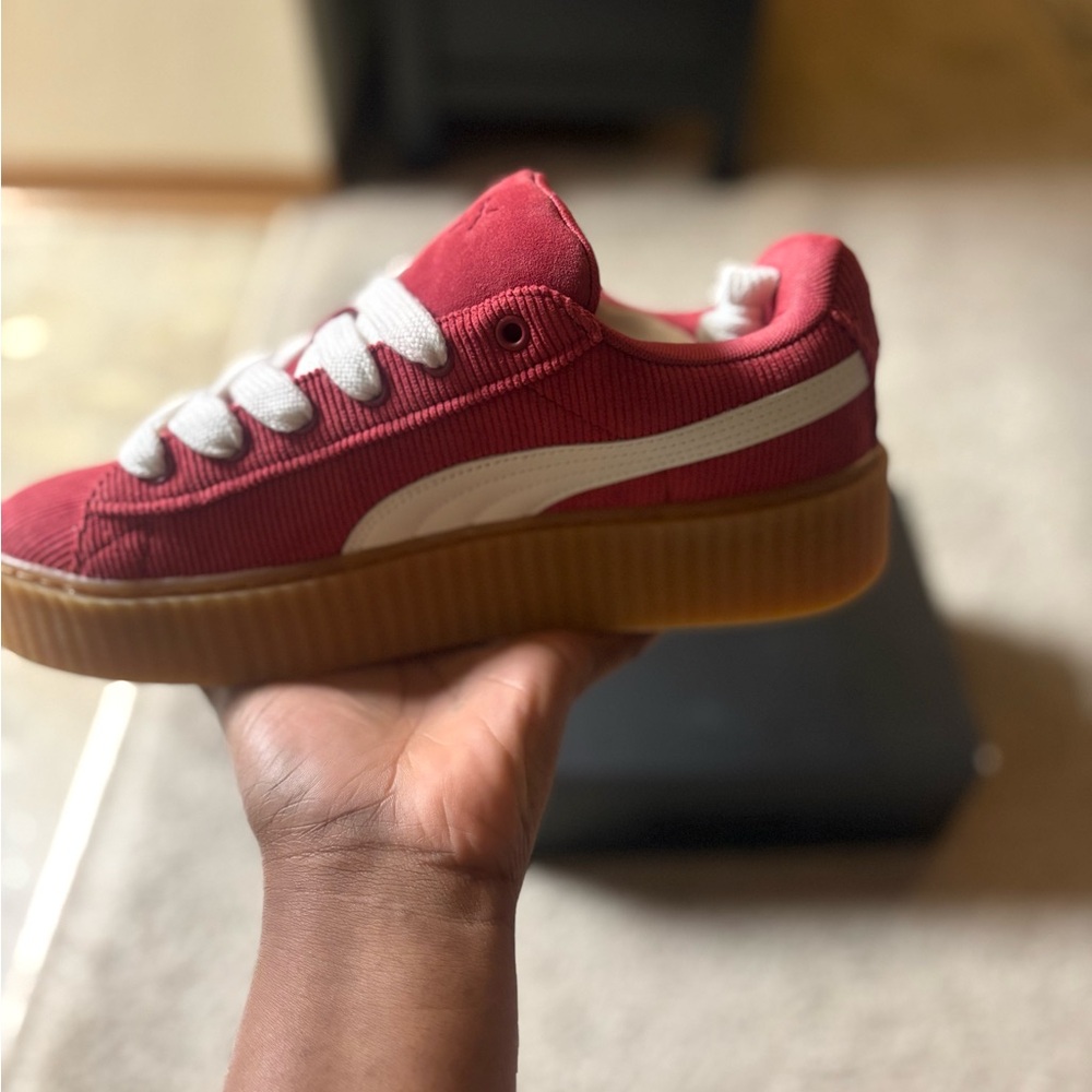 These are the creeper phatty corduroy sneakers in club red warm white gum